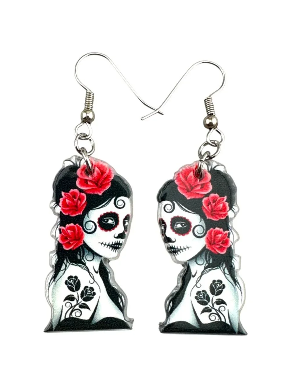 Day of the Dead Earrings Sugar Skull Red Rose Goth Dangle Handmade 2.25